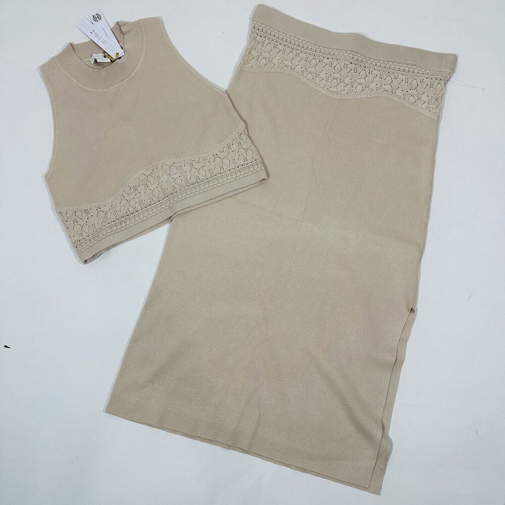 NWT House of Harlow 1960 Crochet Knit Crop Top Midi Skirt Set Beige 2pc Size L
